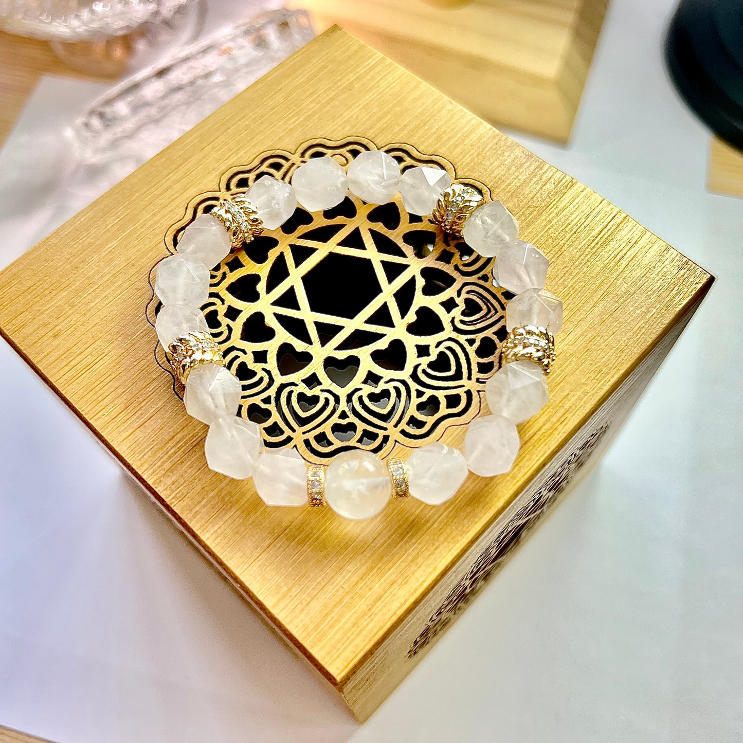 Original design Rose quartz tangential angle beaded Bracelet with High quality Gold-plated ear of wheat ring