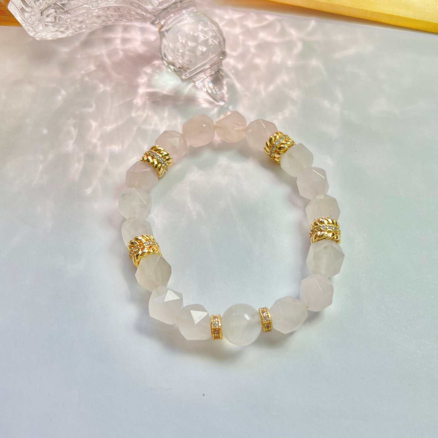 Original design Rose quartz tangential angle beaded Bracelet with High quality Gold-plated ear of wheat ring