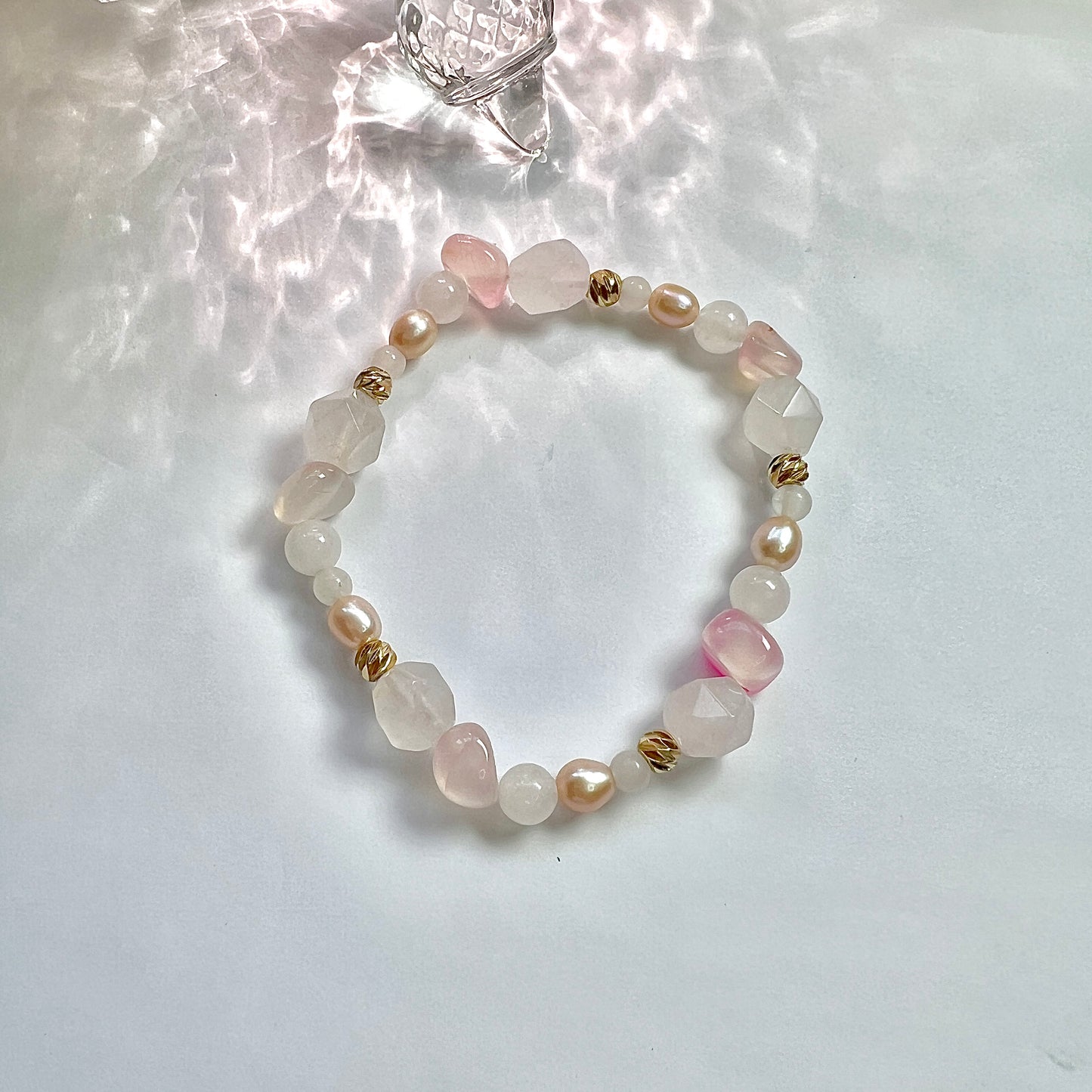 The original design of pentagonal stacked bracelet Natural Rose Quartz Pink Agate Pink Natural Pearls