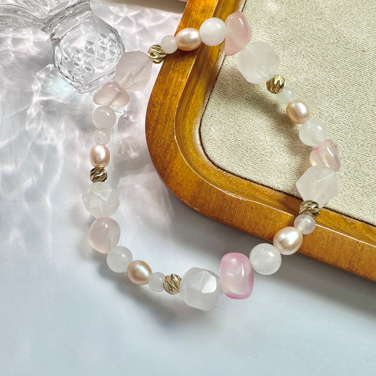 The original design of pentagonal stacked bracelet Natural Rose Quartz Pink Agate Pink Natural Pearls