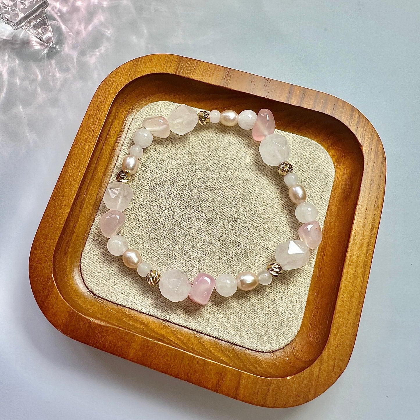 The original design of pentagonal stacked bracelet Natural Rose Quartz Pink Agate Pink Natural Pearls