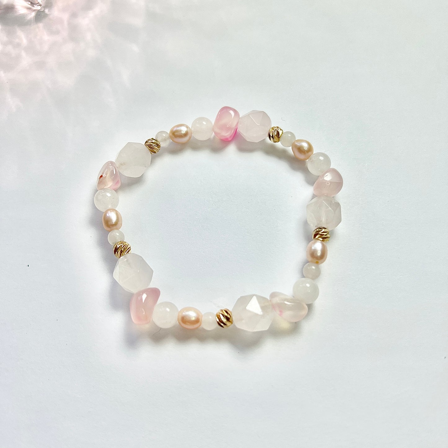 The original design of pentagonal stacked bracelet Natural Rose Quartz Pink Agate Pink Natural Pearls