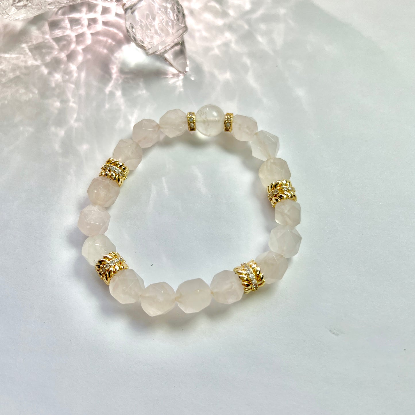 Original design Rose quartz tangential angle beaded Bracelet with High quality Gold-plated ear of wheat ring