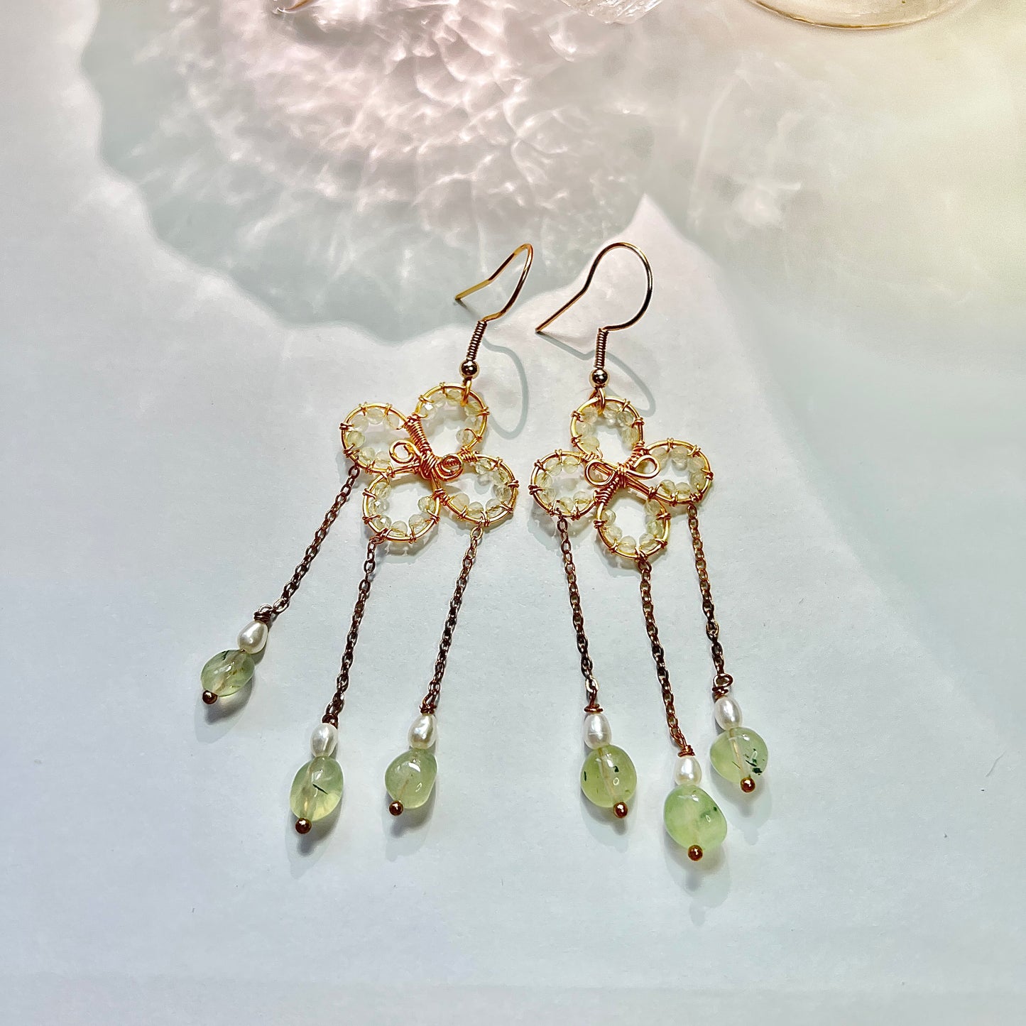 Original design handmade lucky four-leaf clover prehnite woven pendant earrings.