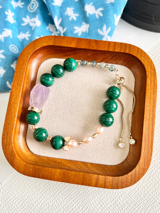 High-quality malachite bracelet, natural amethyst matched with natural rose gold freshwater pearls, embellished with 14K gold-plated jewelry, elegant and temperament.
