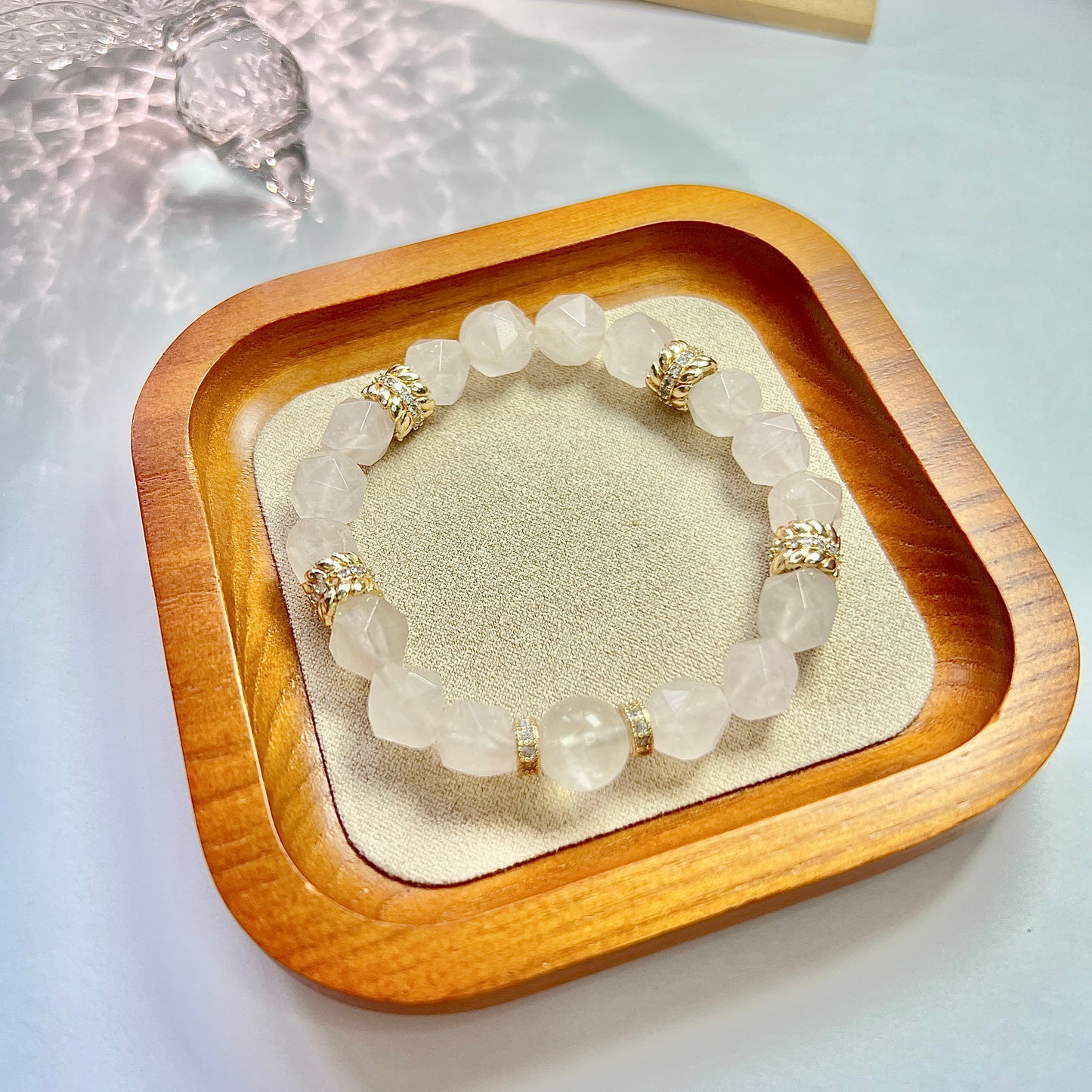Original design Rose quartz tangential angle beaded Bracelet with High quality Gold-plated ear of wheat ring