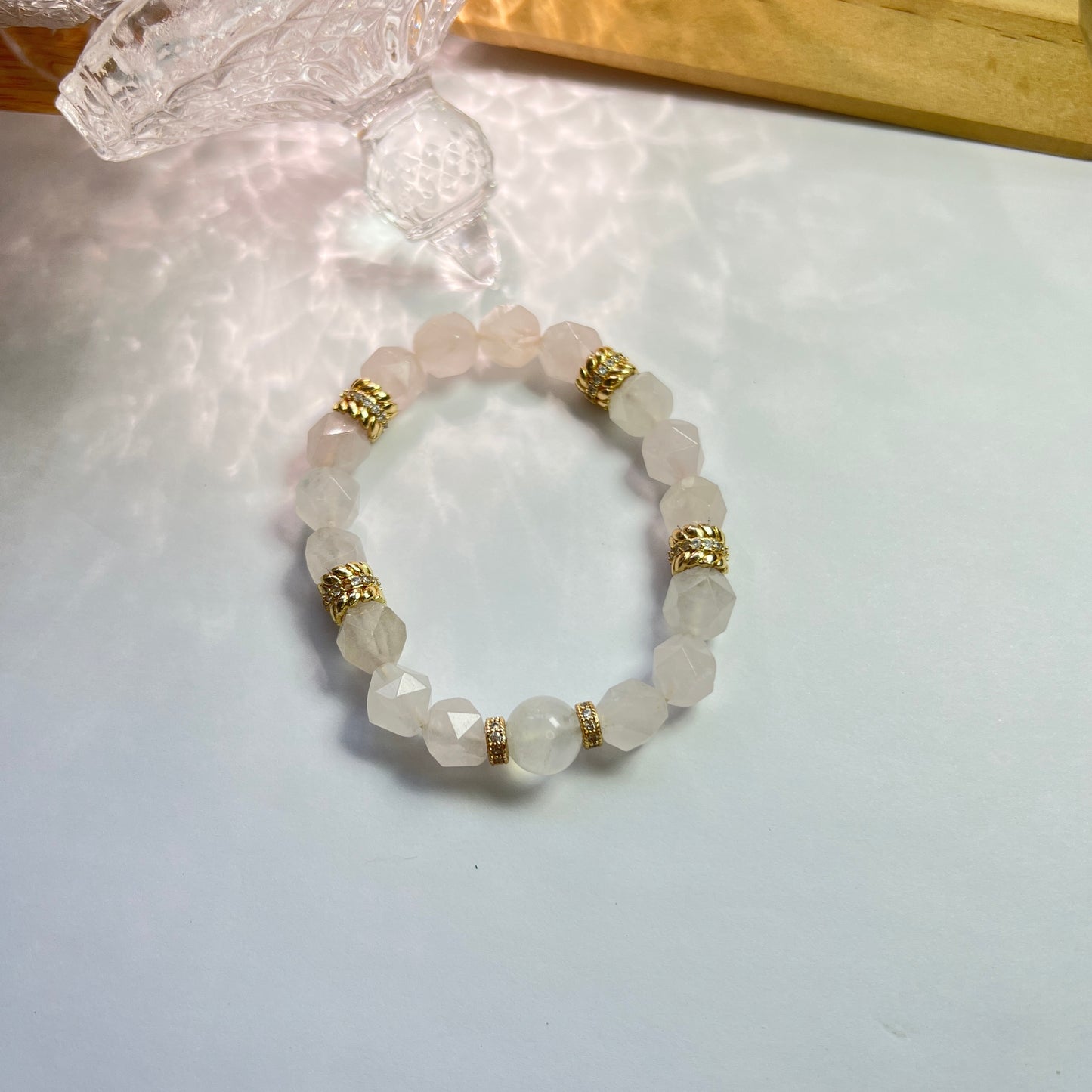 Original design Rose quartz tangential angle beaded Bracelet with High quality Gold-plated ear of wheat ring