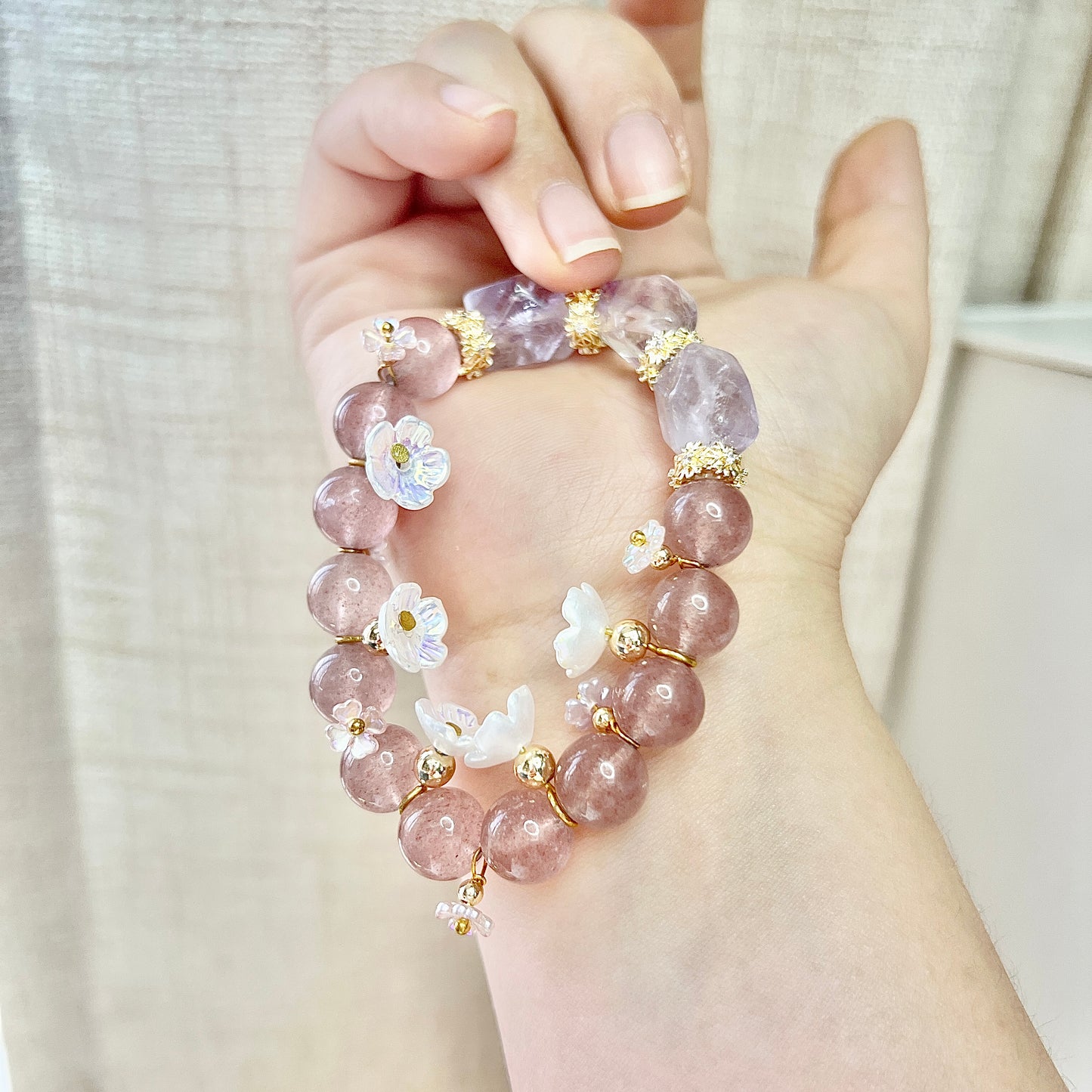 Strawberry garden inspired original design strawberry crystal flower amethyst bracelet