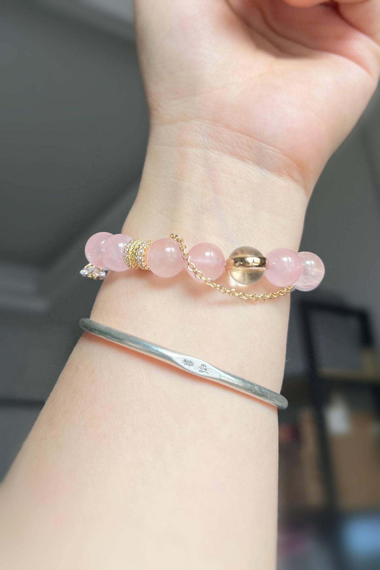 Original design handmade beaded pink crystal bracelet with 14K gold-plated accessories