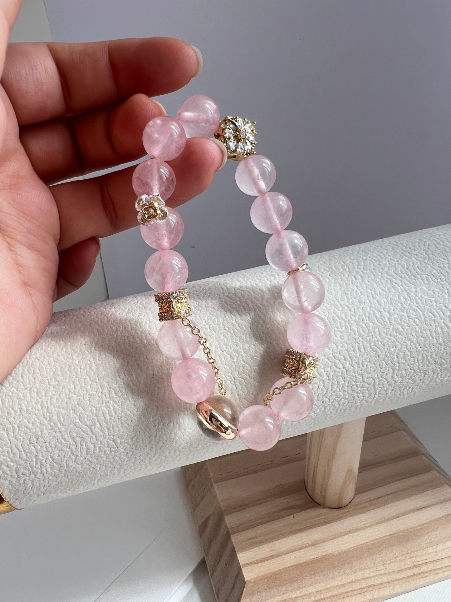 Original design handmade beaded pink crystal bracelet with 14K gold-plated accessories