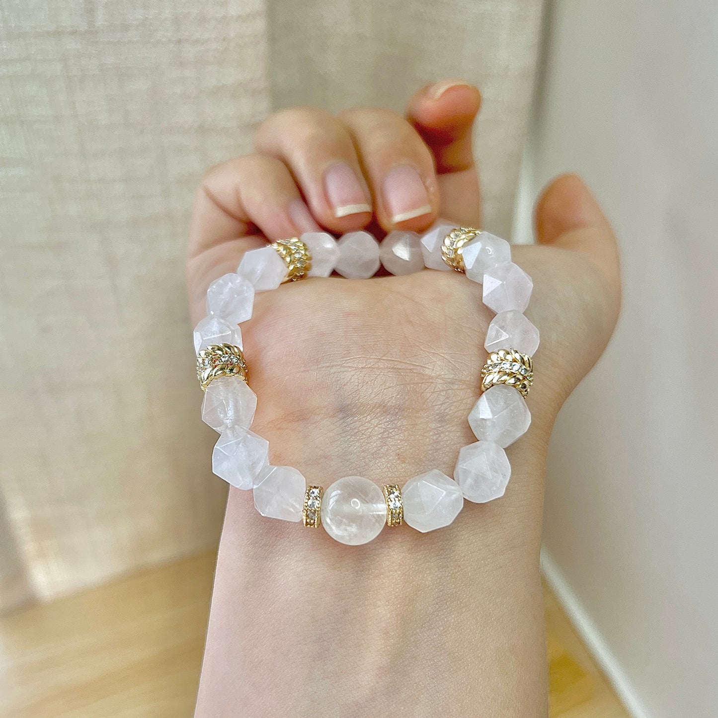 Original design Rose quartz tangential angle beaded Bracelet with High quality Gold-plated ear of wheat ring