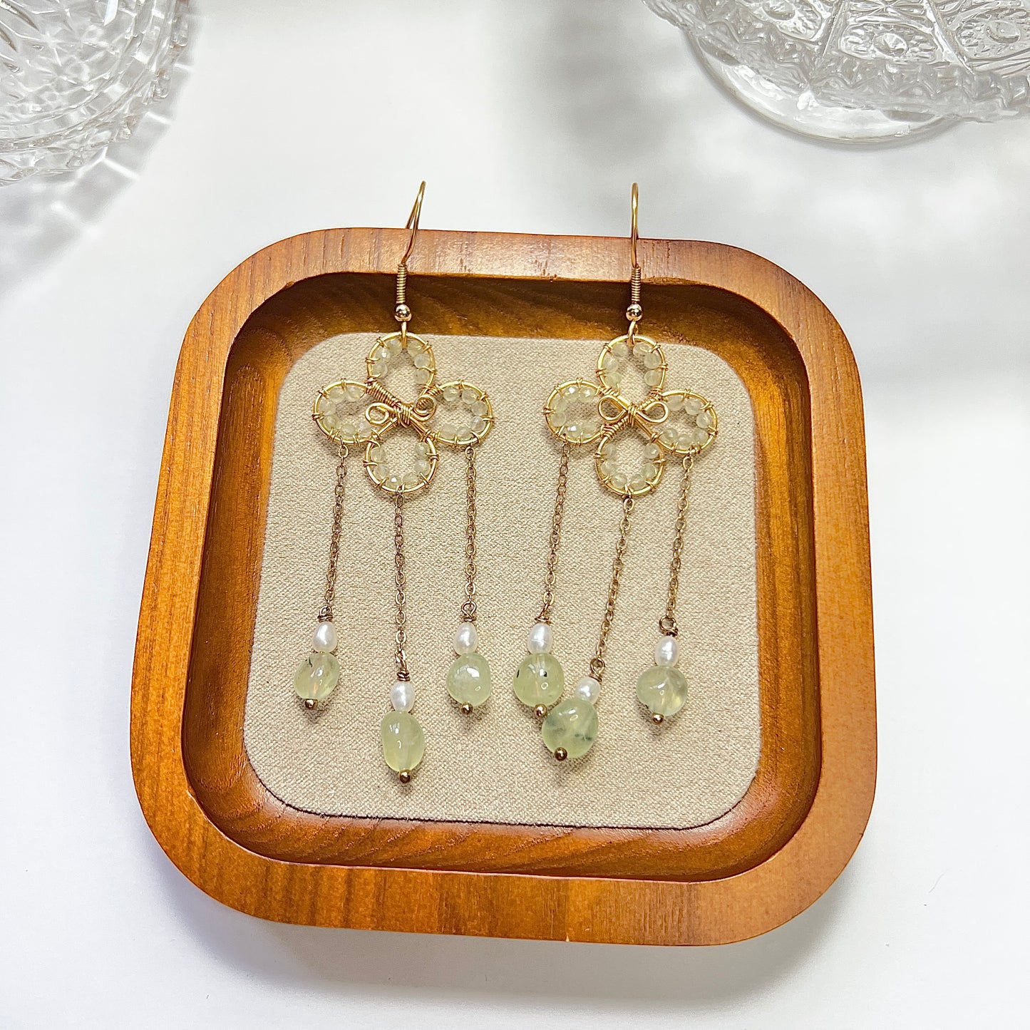 Original design handmade lucky four-leaf clover prehnite woven pendant earrings.