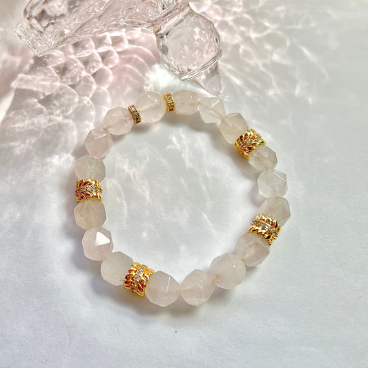 Original design Rose quartz tangential angle beaded Bracelet with High quality Gold-plated ear of wheat ring