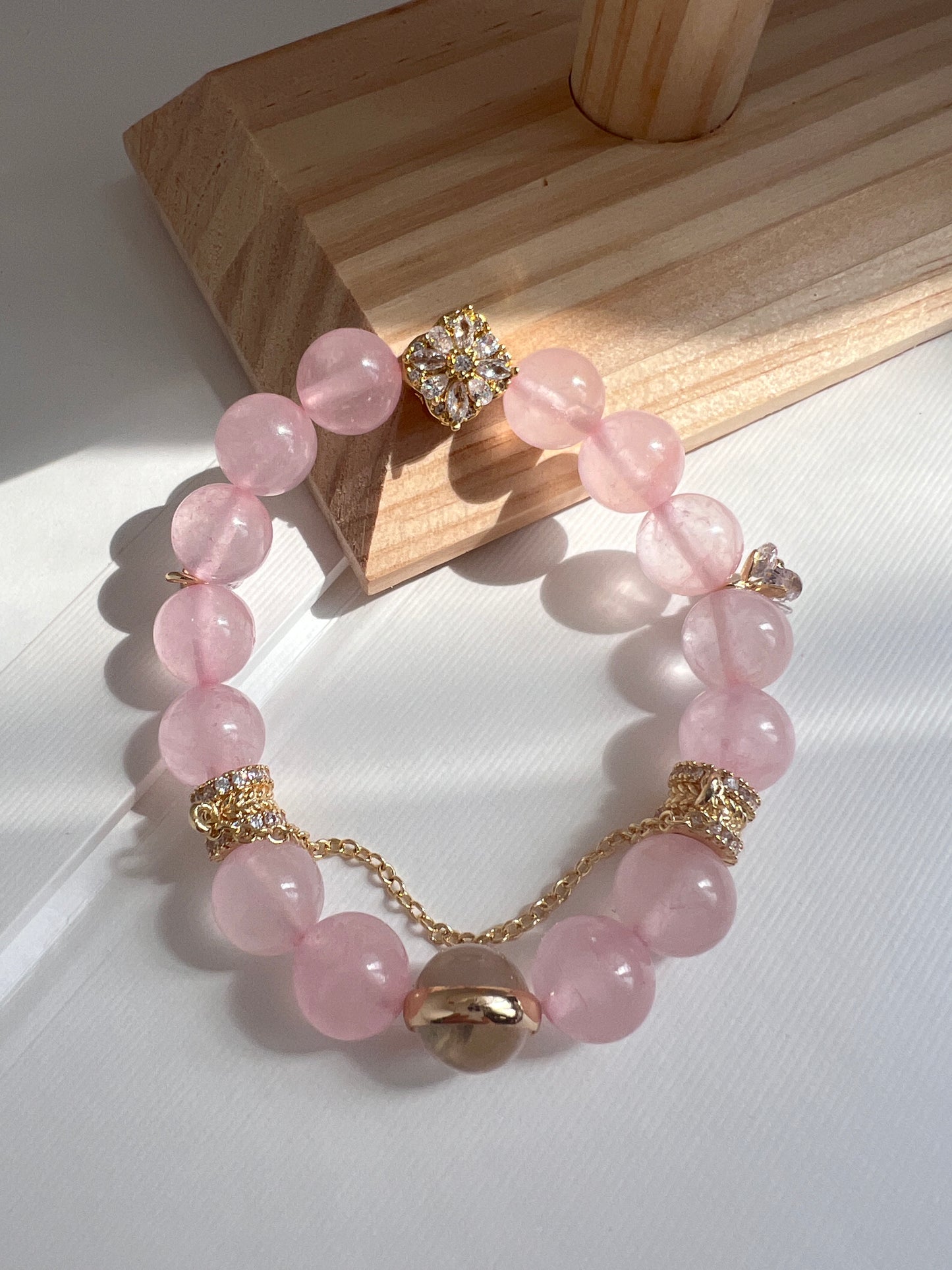 Original design handmade beaded pink crystal bracelet with 14K gold-plated accessories