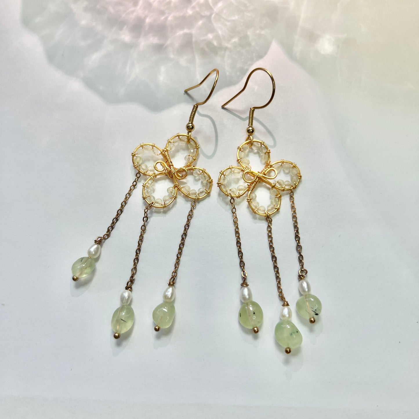 Original design handmade lucky four-leaf clover prehnite woven pendant earrings.