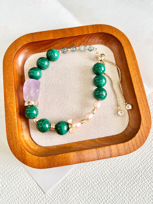 High-quality malachite bracelet, natural amethyst matched with natural rose gold freshwater pearls, embellished with 14K gold-plated jewelry, elegant and temperament.