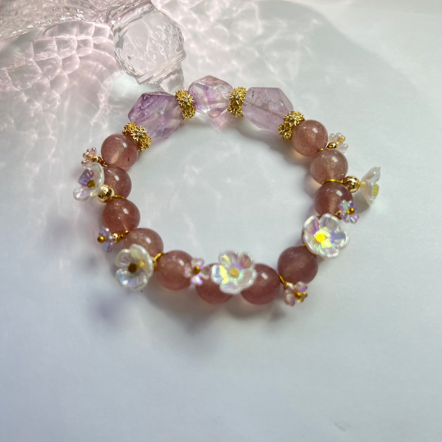 Strawberry garden inspired original design strawberry crystal flower amethyst bracelet