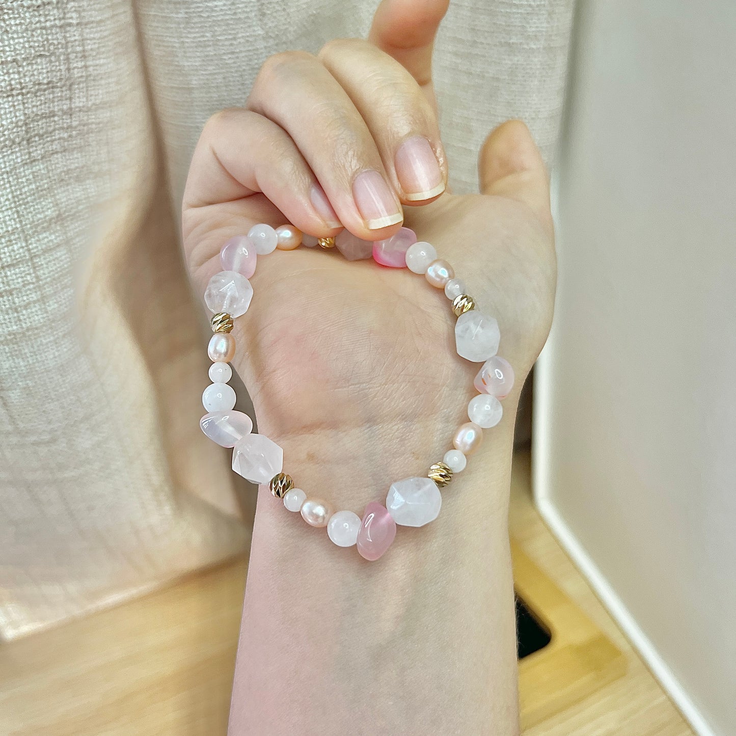 The original design of pentagonal stacked bracelet Natural Rose Quartz Pink Agate Pink Natural Pearls
