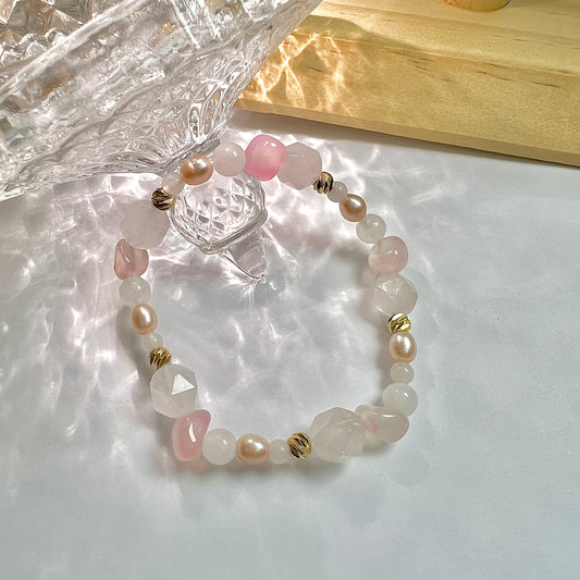 The original design of pentagonal stacked bracelet Natural Rose Quartz Pink Agate Pink Natural Pearls