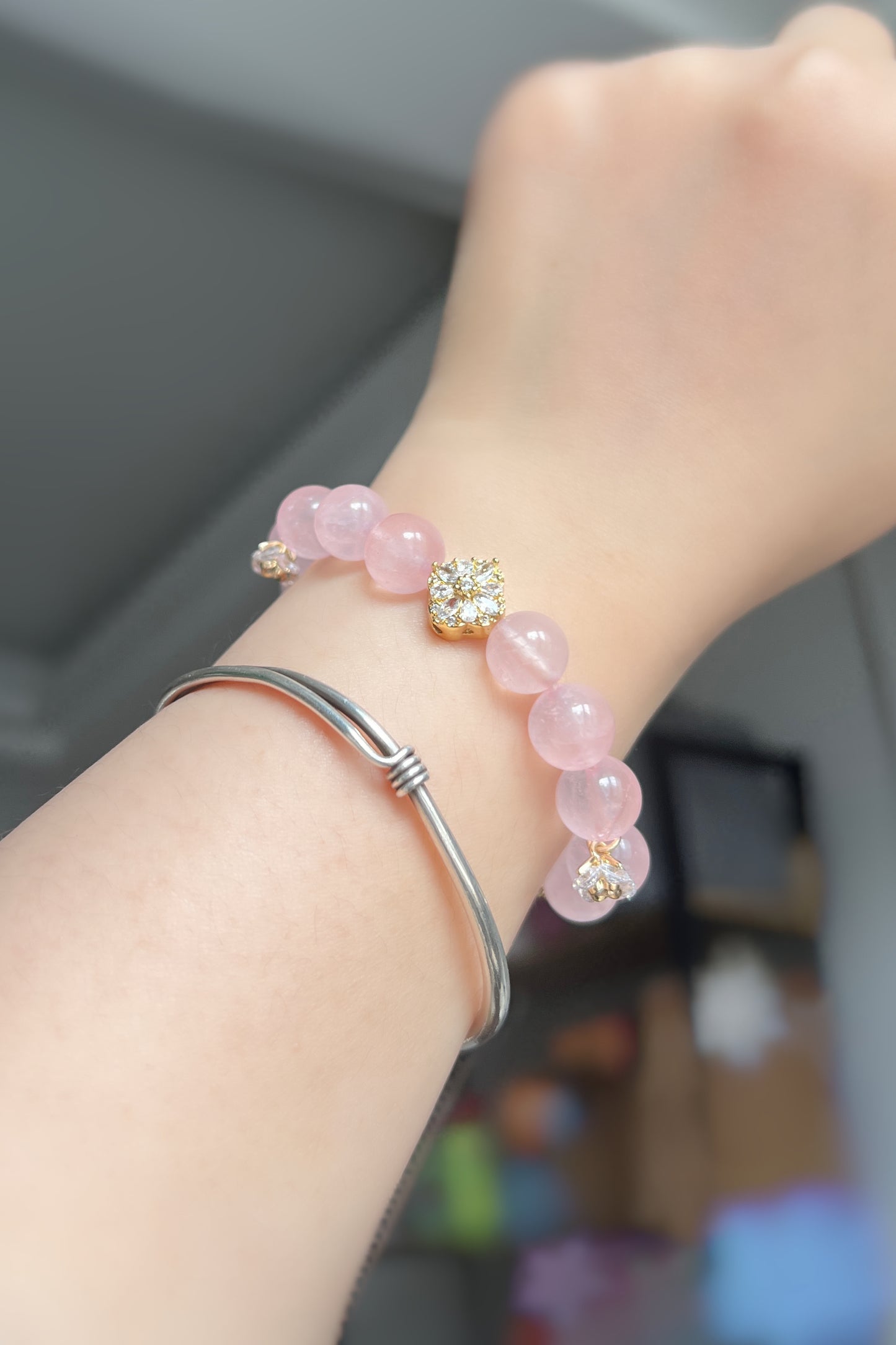 Original design handmade beaded pink crystal bracelet with 14K gold-plated accessories