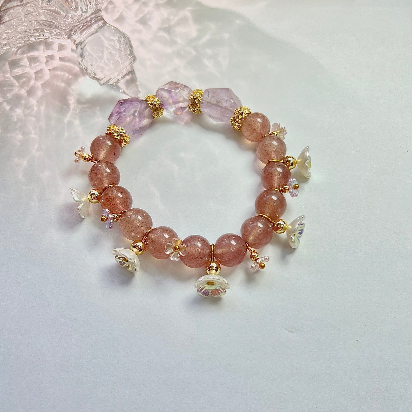 Strawberry garden inspired original design strawberry crystal flower amethyst bracelet